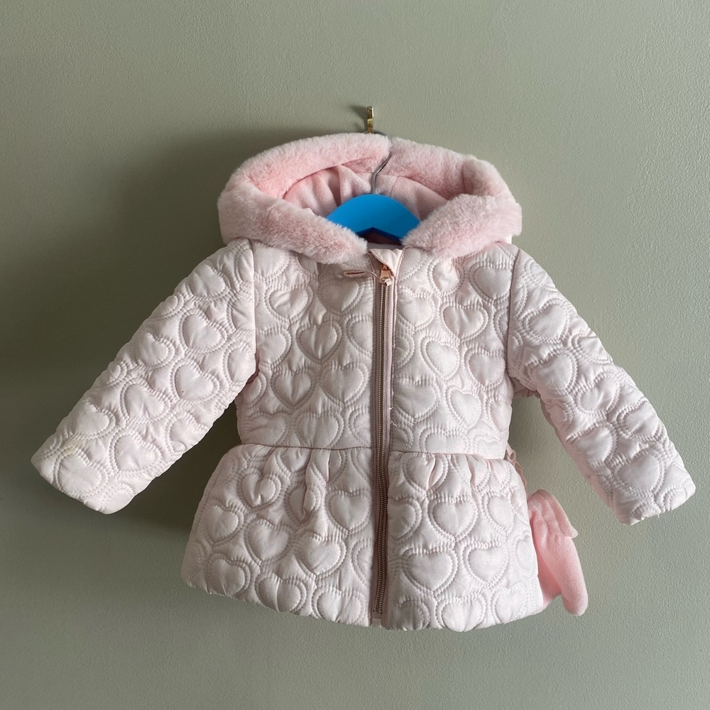 Rothschild Baby Girl‎ Coat 12 Months Pink Puffy Hearts Hooded Jacket With Gloves